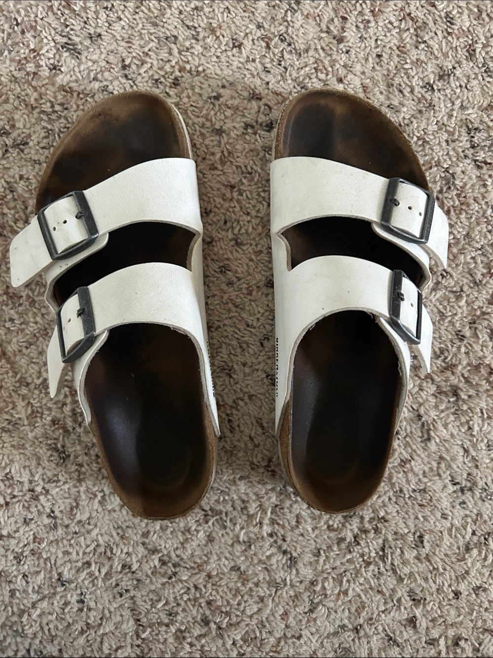Birkenstock White Two-Strap Sandals with Black Buckles